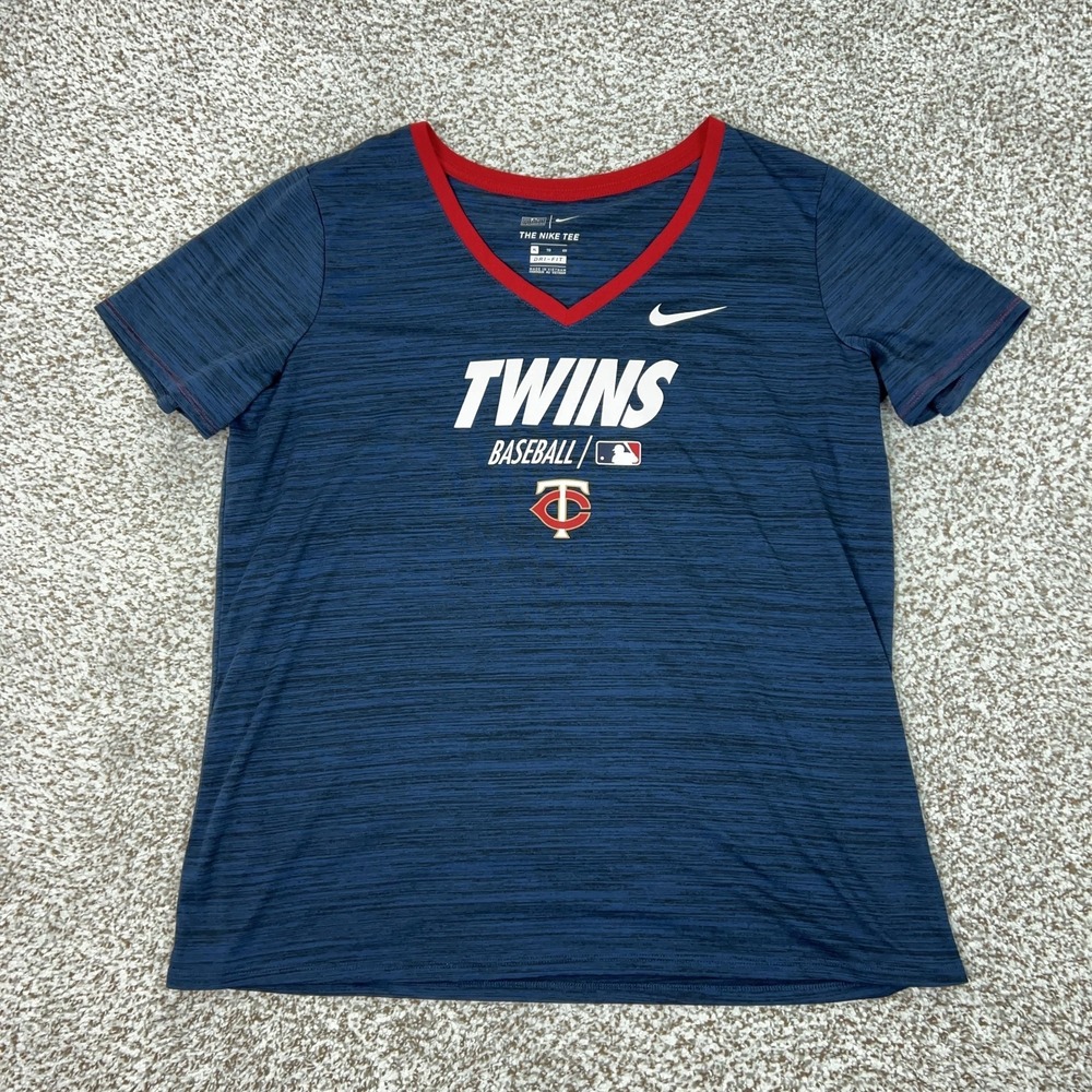 Minnesota Twins Shirt Womens XL Blue MLB Baseball Nike Dri Fit V Neck Tee Sports